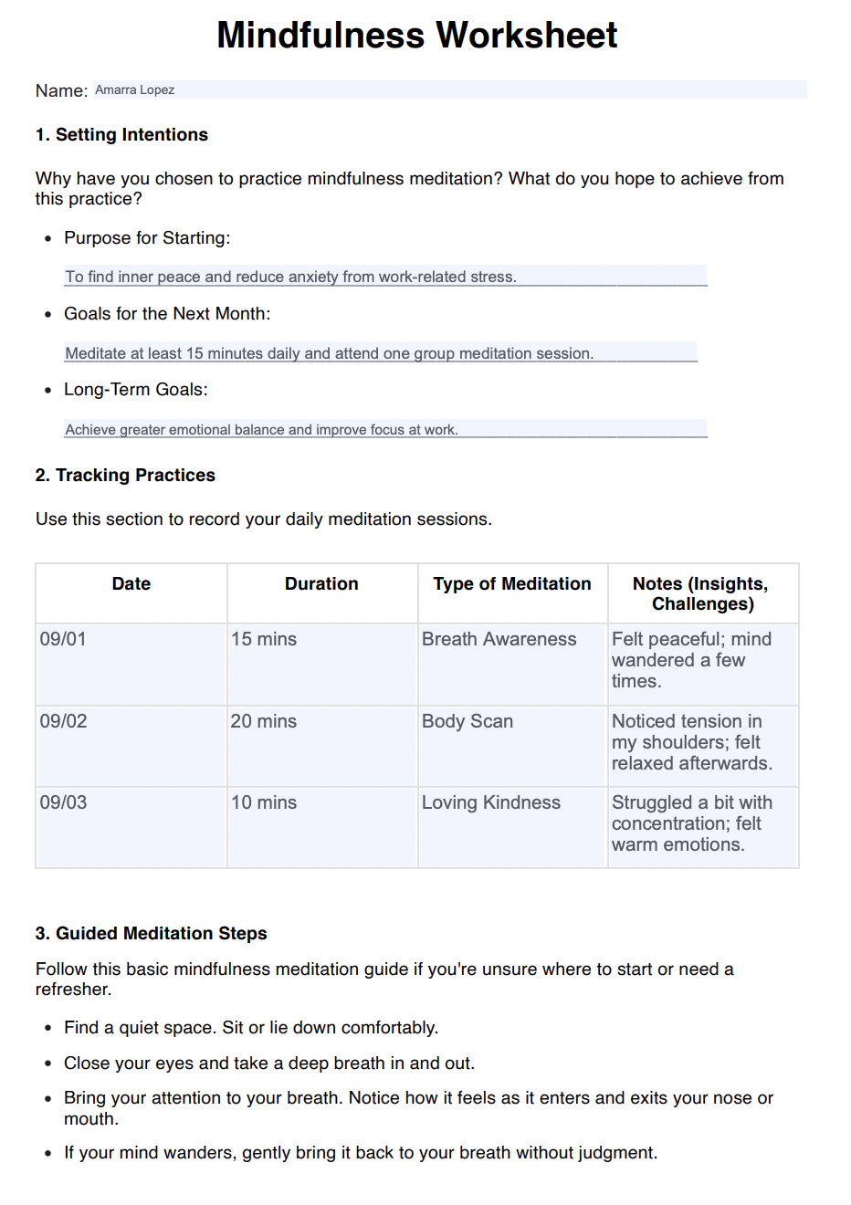 Meditation Worksheets Example (sample)