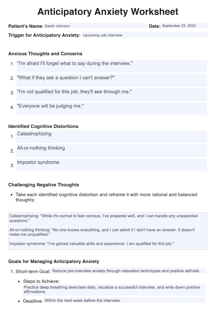 Anticipatory Anxiety Worksheets Example (sample)