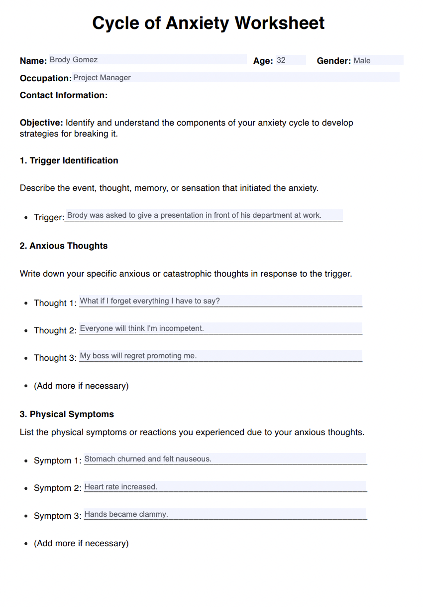 Cycle Of Anxiety Worksheets Example (sample)
