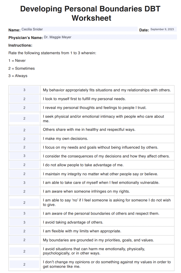 Developing Personal Boundaries DBT Worksheet Example