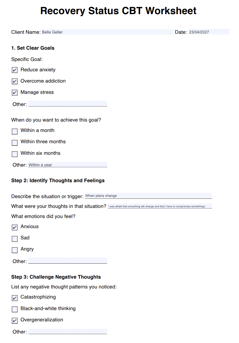 Recovery Status CBT Worksheet Example