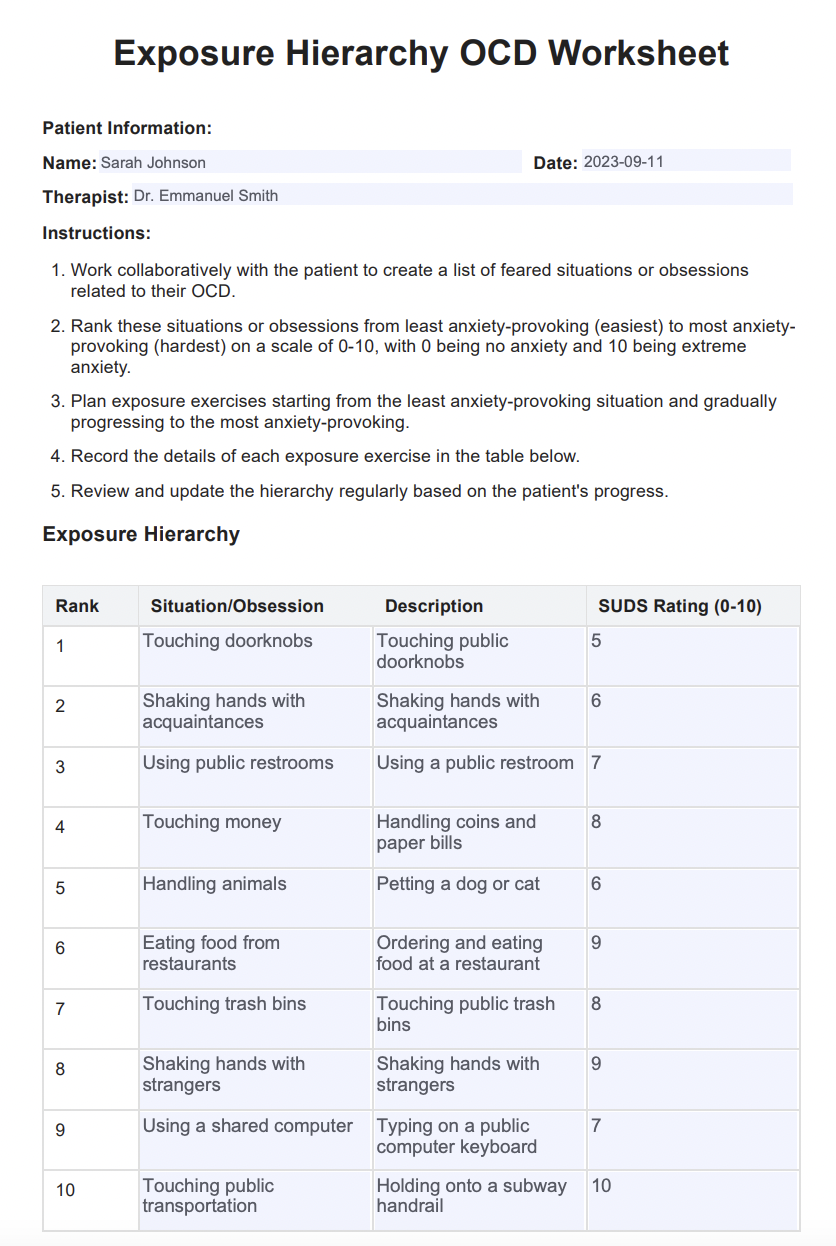 Exposure Hierarchy OCD Worksheet Example