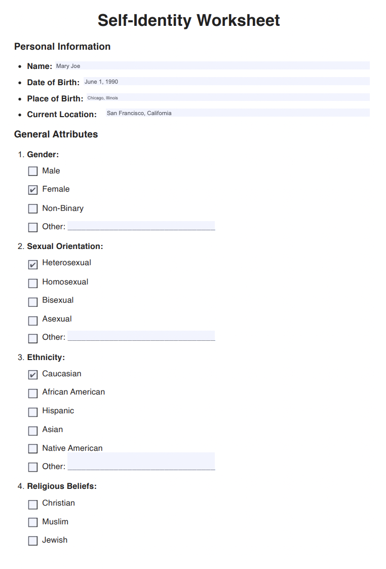 Self Identity Worksheets Example (Sample)