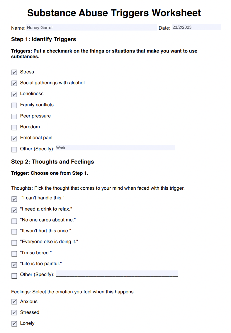 External Triggers of Substance Abuse CBT Worksheet Example