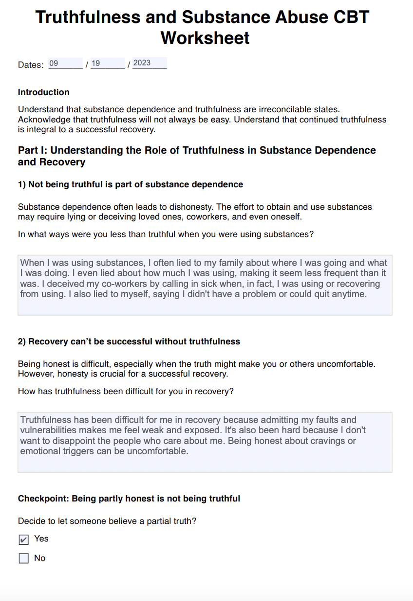 Truthfulness and Substance Abuse CBT Worksheet Example