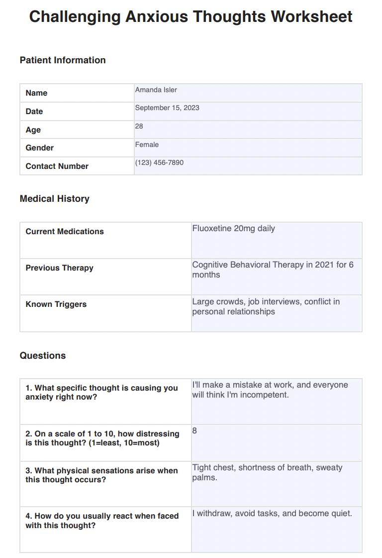 Challenging Anxious Thoughts Worksheet Example (Sample)