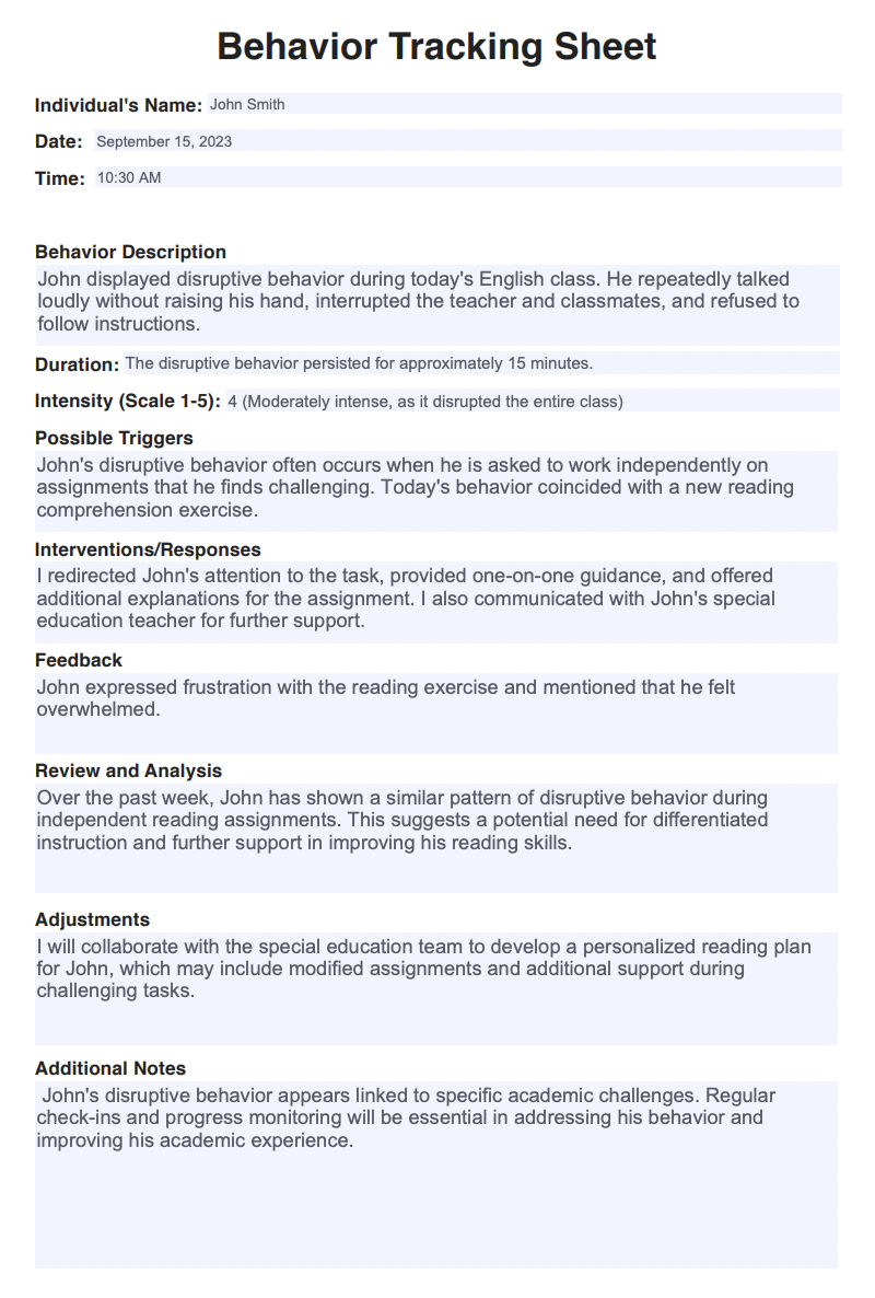 Behavior Tracking Sheets Example (sample)