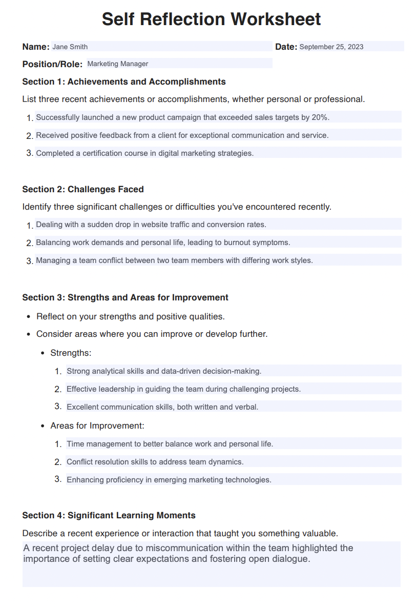 Self Reflection Worksheets Example (sample)