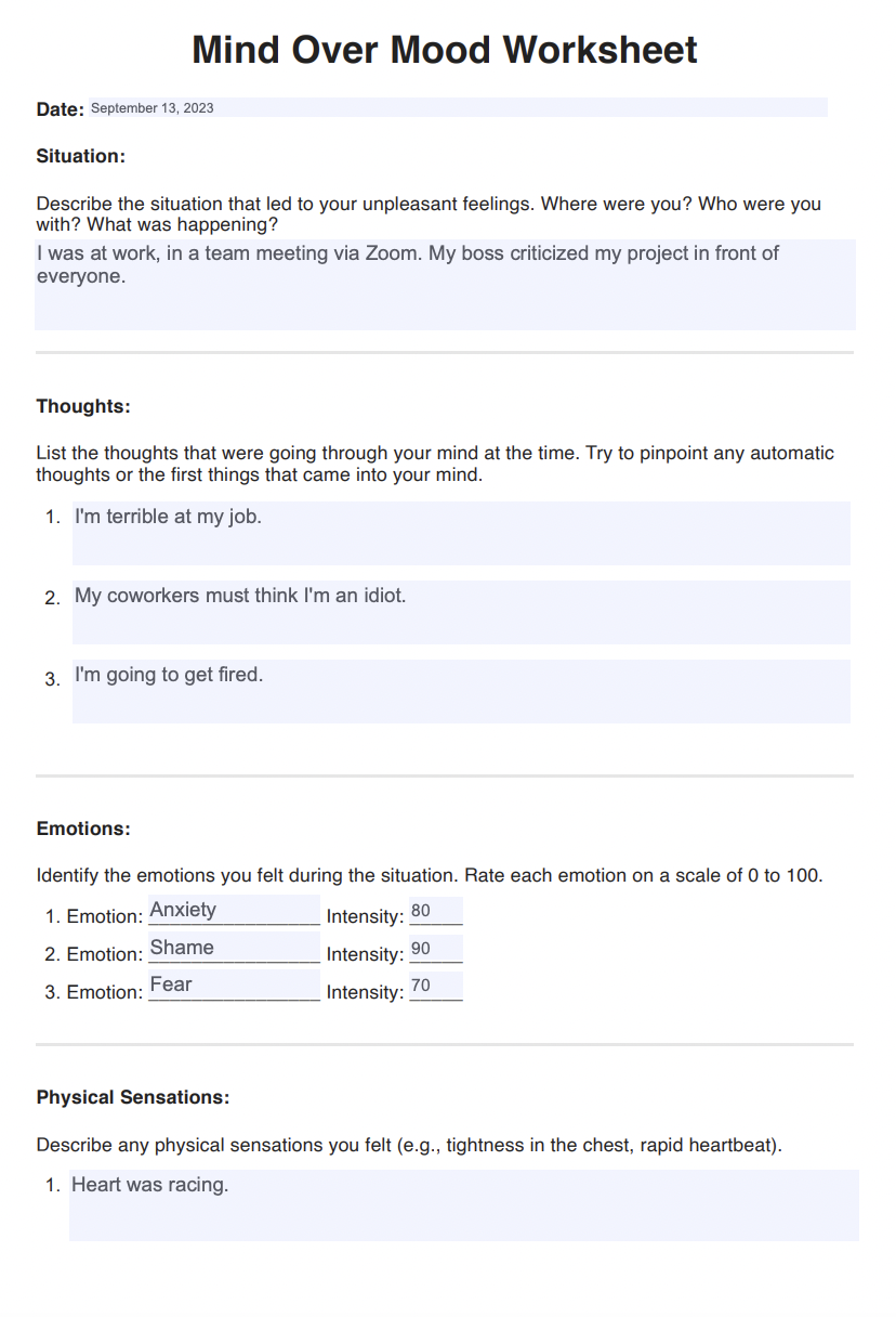 Mind Over Mood Worksheets Example (sample)