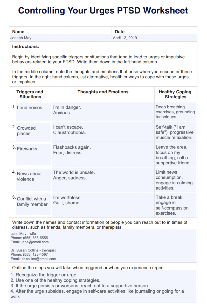 Controlling Your Urges PTSD Worksheet Example