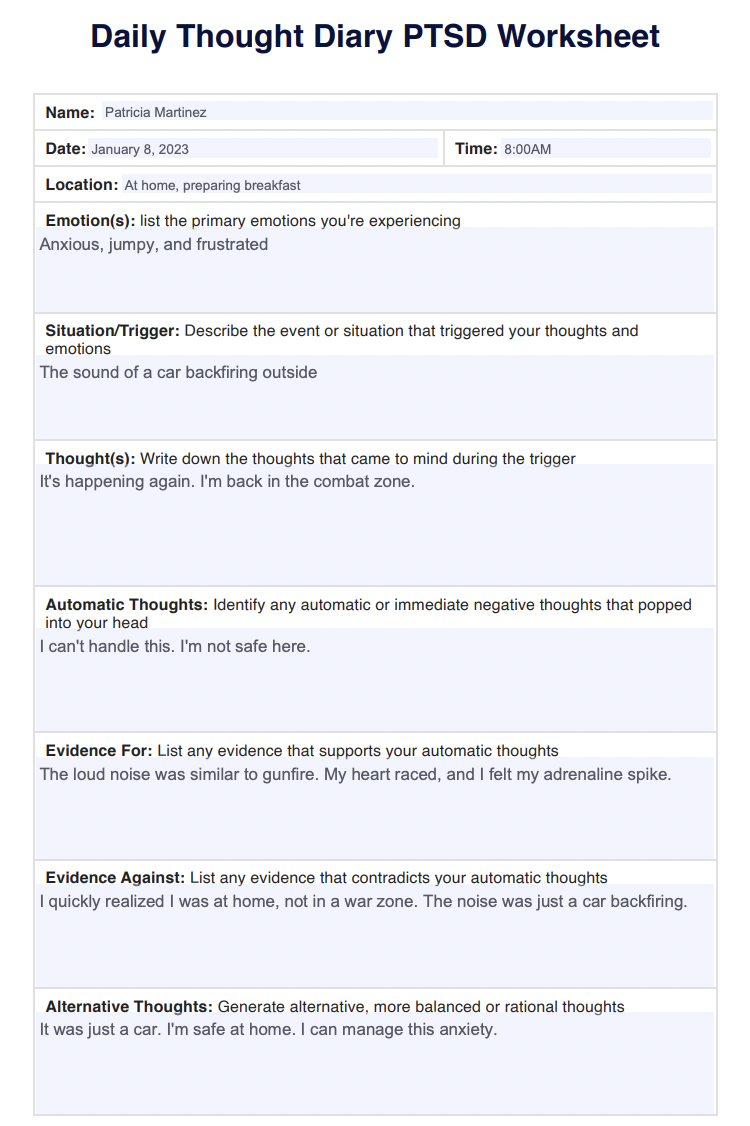 Daily Thought Diary PTSD Worksheet PDF Example