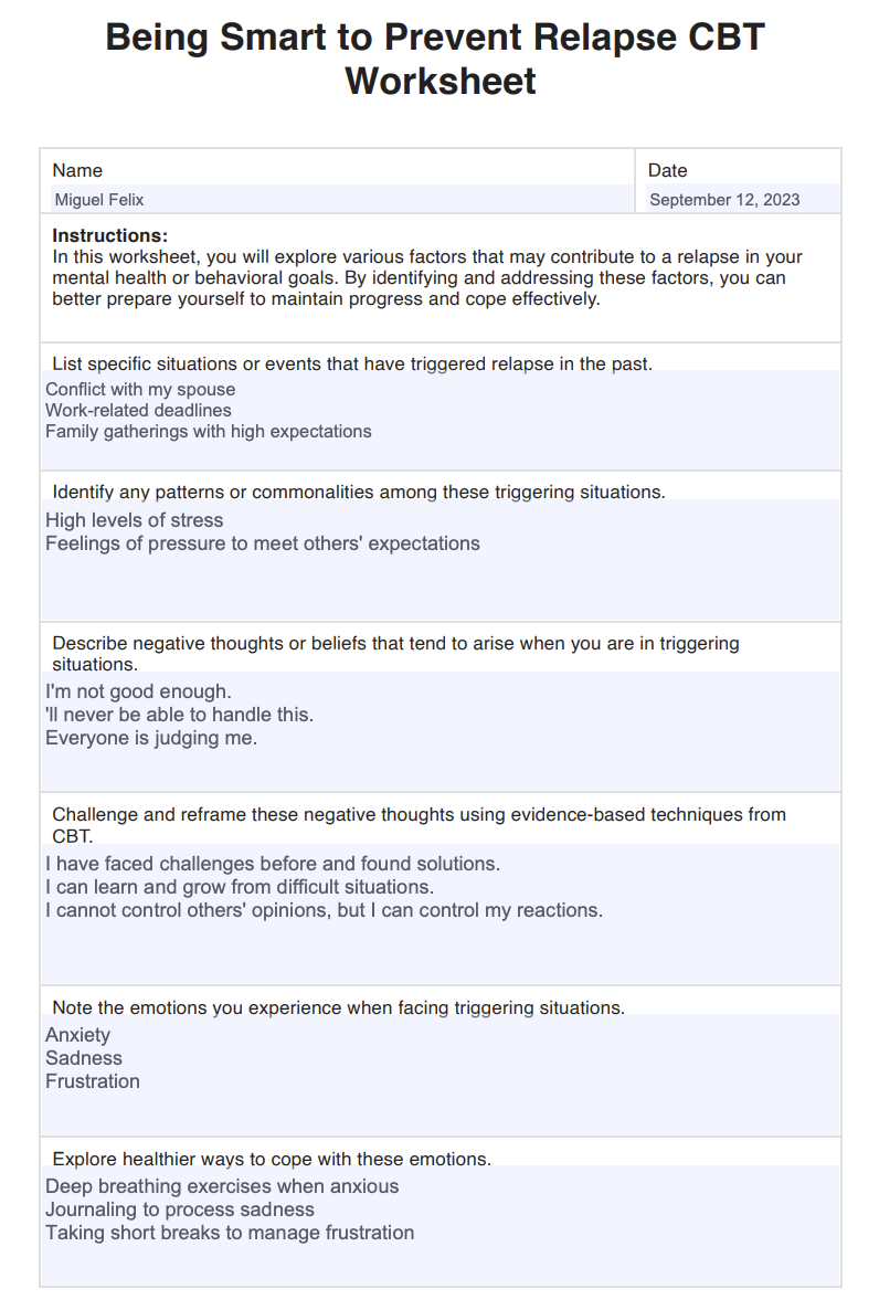Being Smart to Prevent Relapse CBT Worksheet Example (sample)
