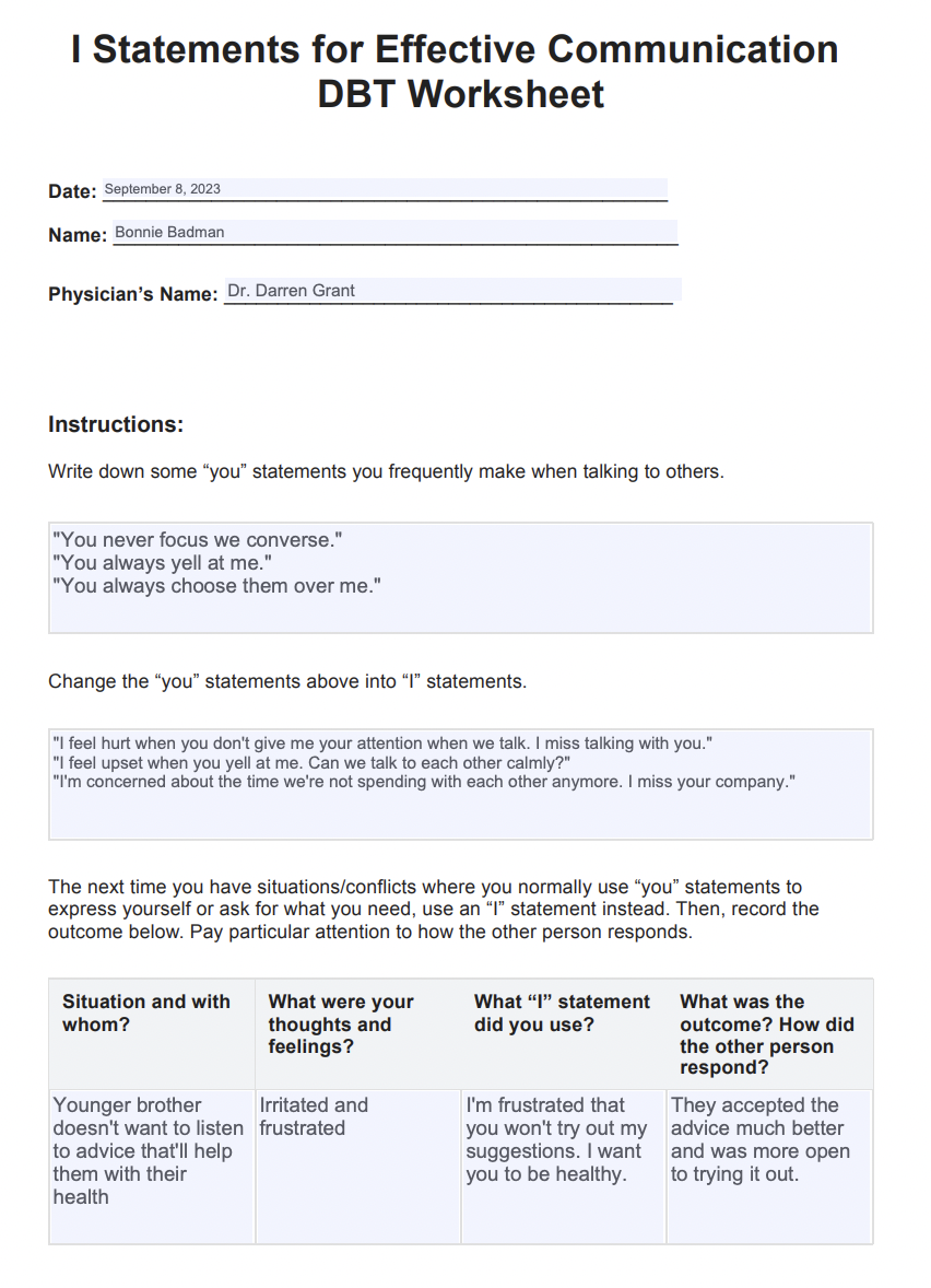 I Statements for Effective Communication DBT Worksheet Example