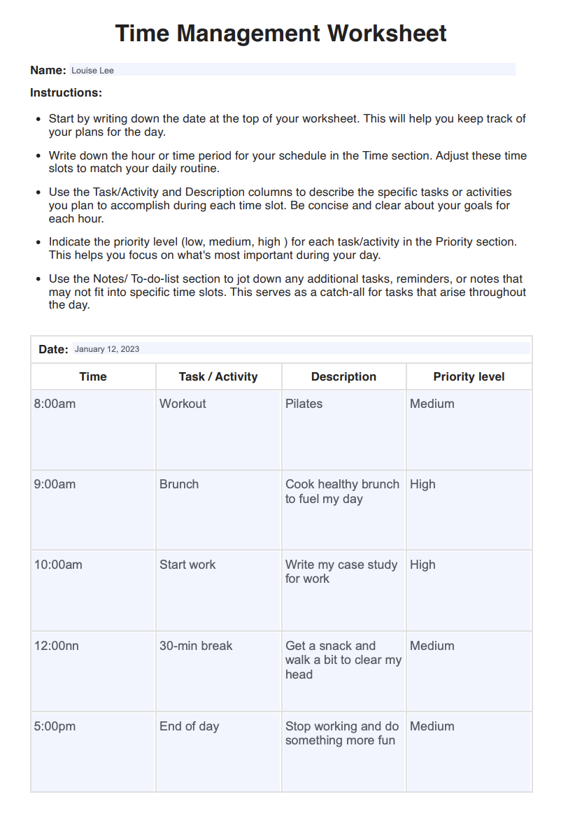 Time Management Worksheet Example (sample)