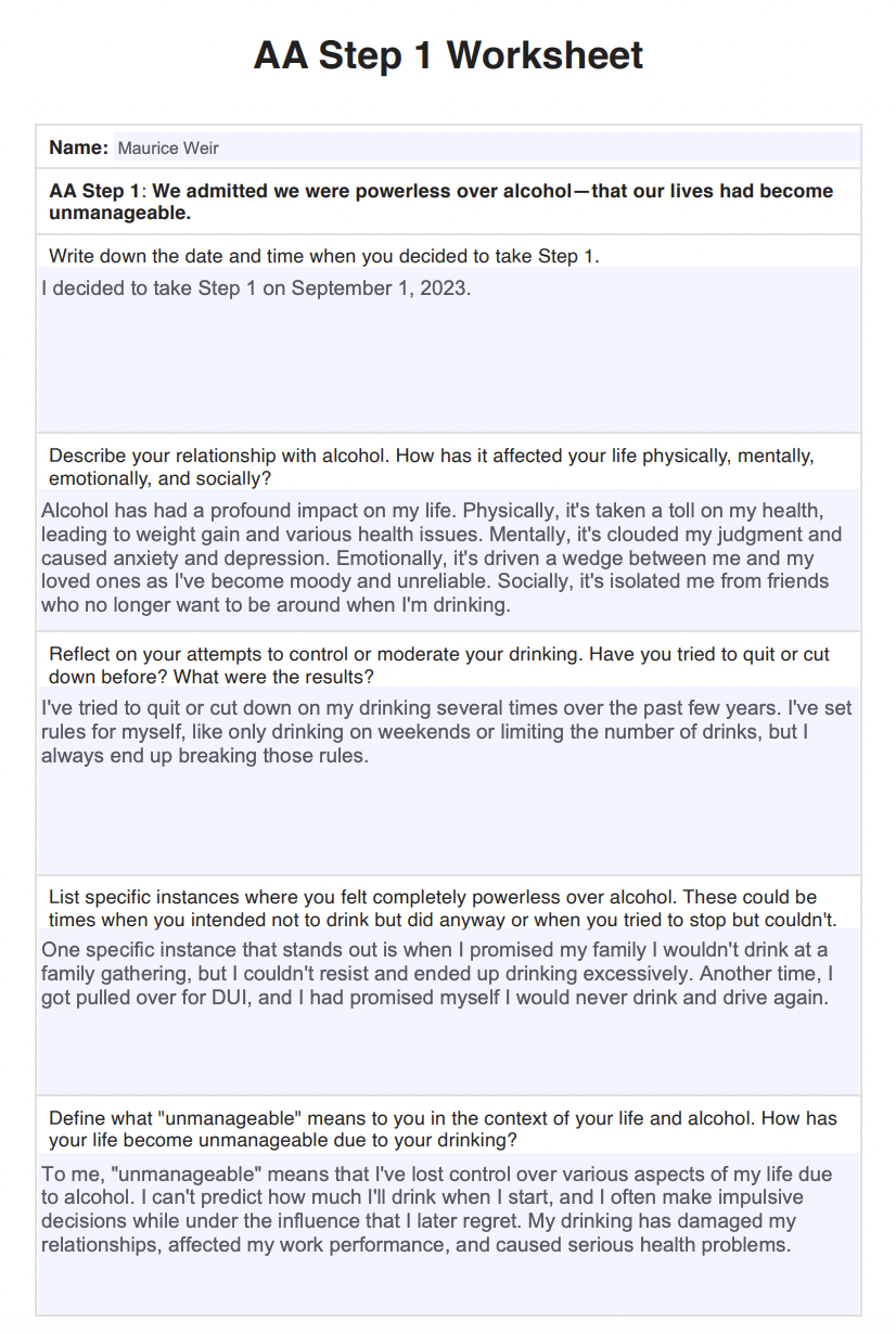 AA Step 1 Worksheet