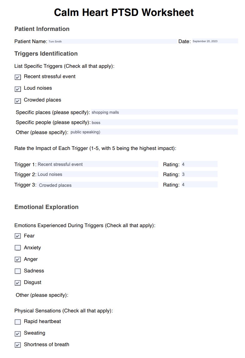 Calm Heart PTSD Worksheet Example