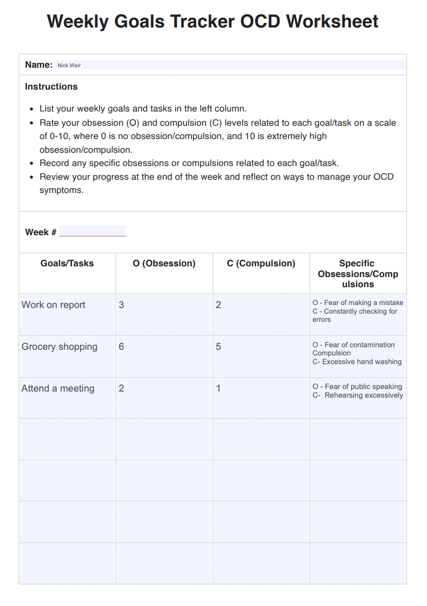 Weekly Goals Tracker OCD Worksheet Example