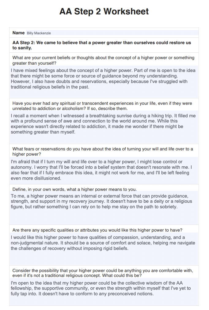 AA Step 2 Worksheet Example (sample)