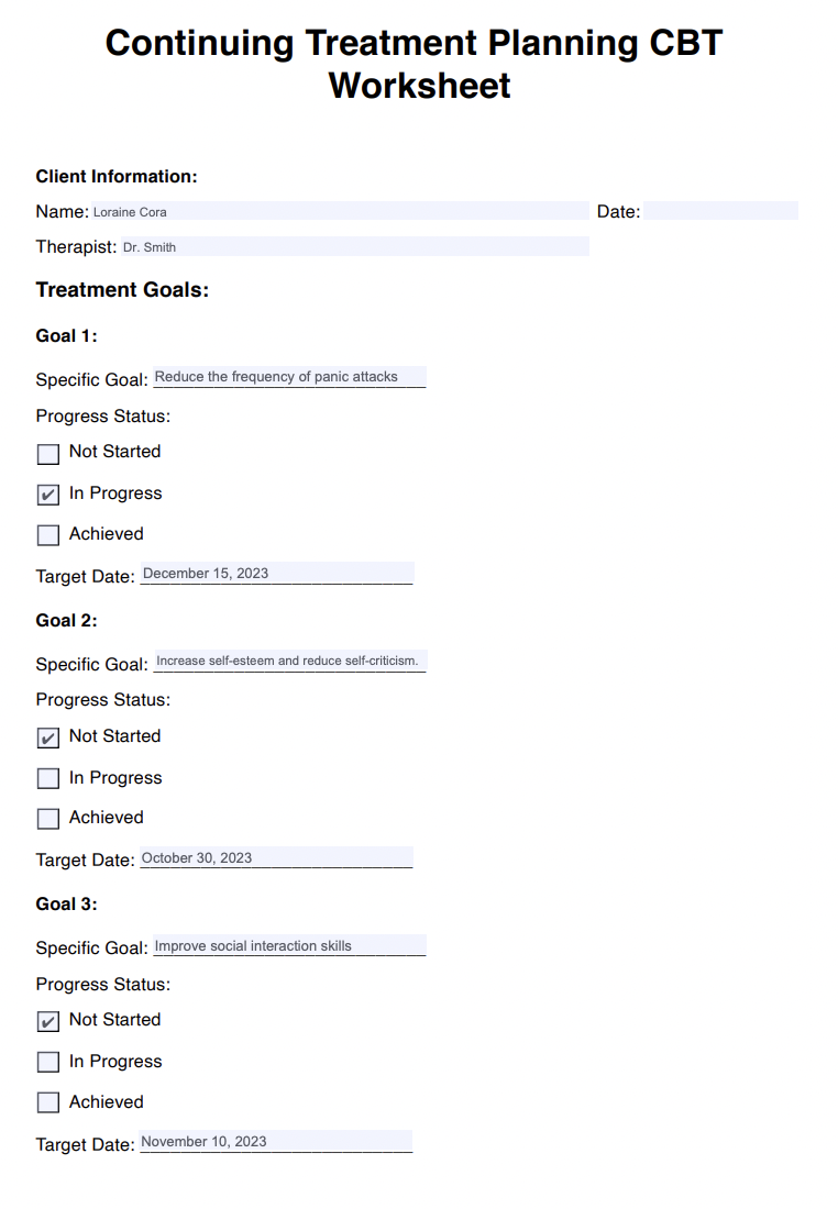 Continuing Treatment Planning CBT Worksheet Example