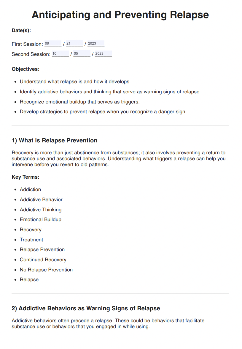 Anticipating and Preventing Relapse CBT Worksheet Example
