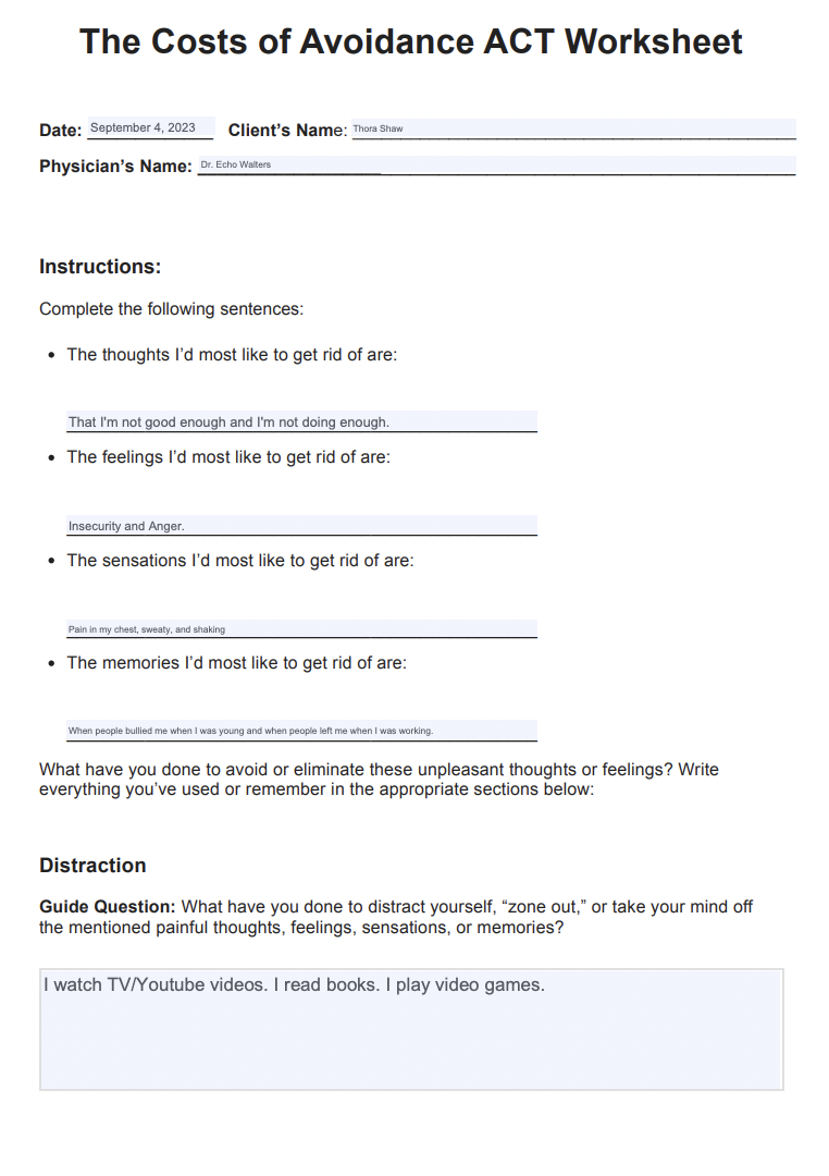 The Costs of Avoidance ACT Worksheet Example