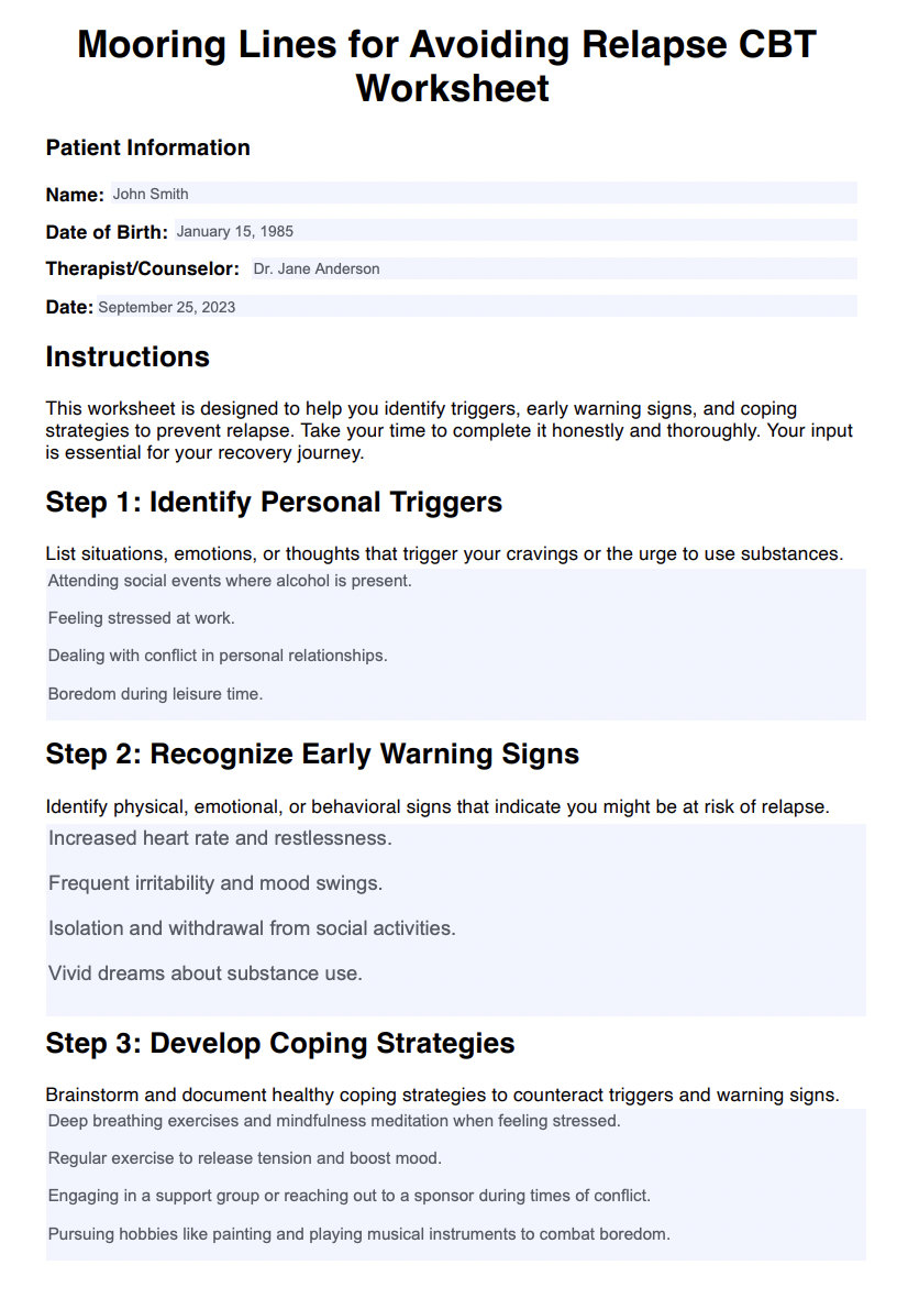 Mooring Lines for Avoiding Relapse CBT Worksheet Example