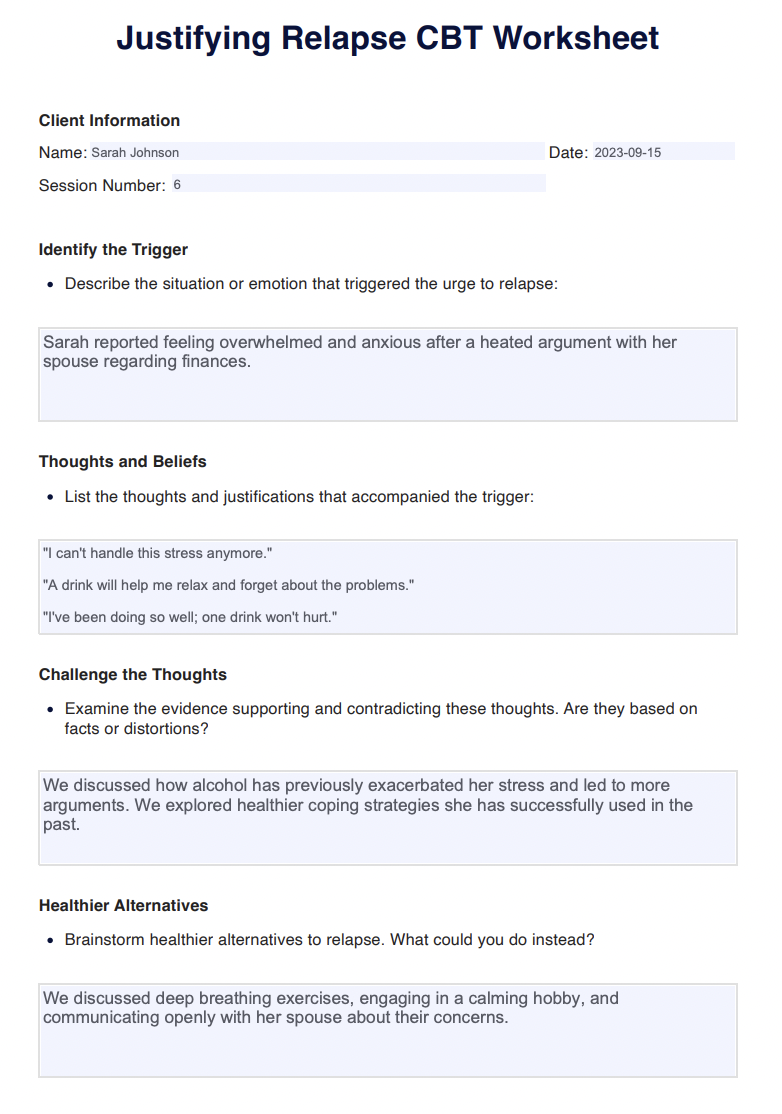 Justifying Relapse CBT Worksheet Sample