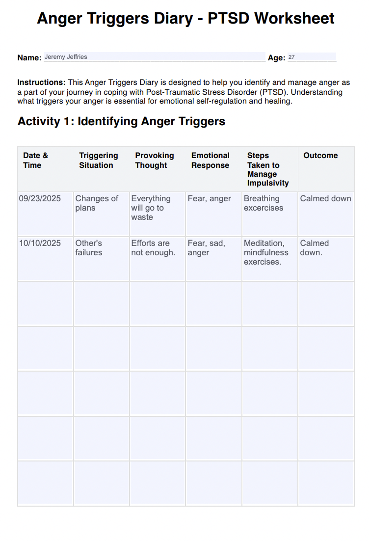 Anger Triggers Diary PTSD Worksheet Example