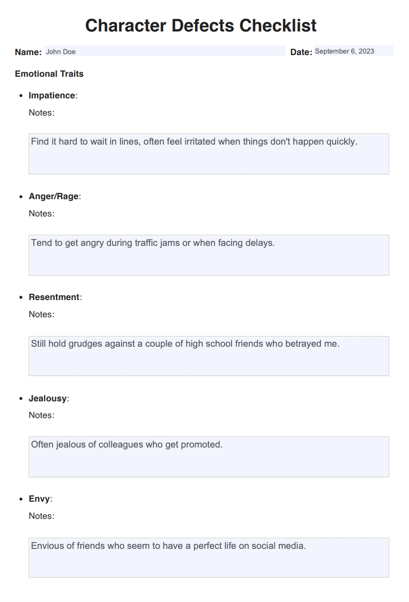 Character Defects List Example