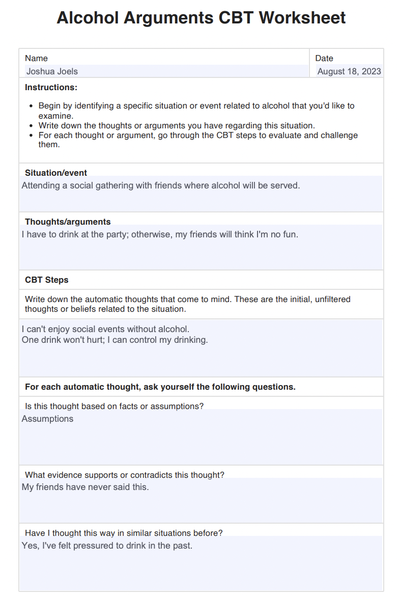Alcohol Arguments CBT Worksheet Example (sample)
