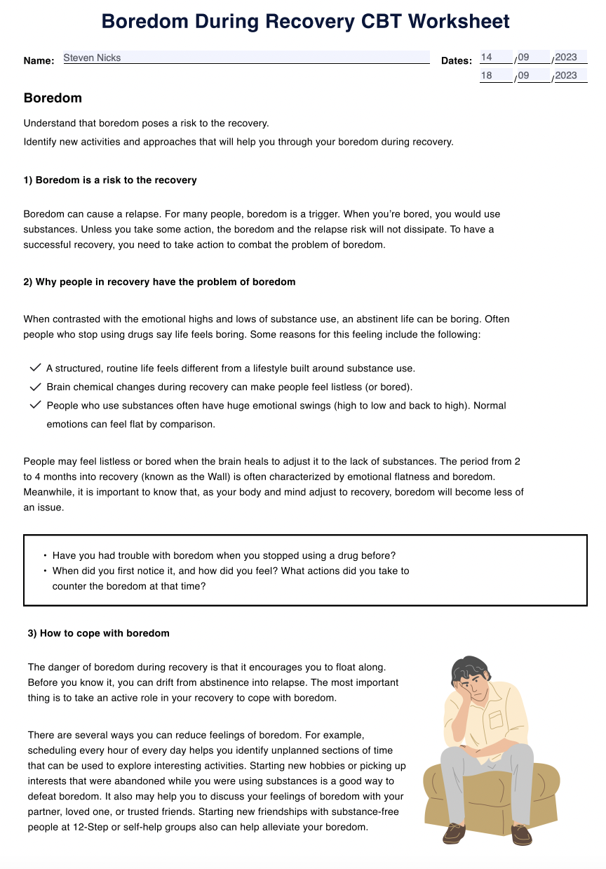 Boredom During Recovery CBT Worksheet Example (Sample)