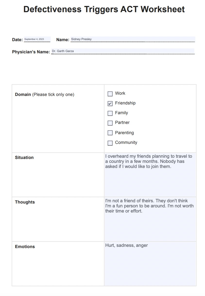 Defectiveness Triggers ACT Worksheet Example