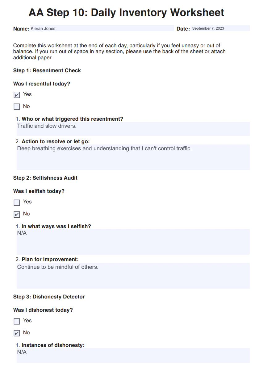10 Step Inventory Worksheets Example (sample)