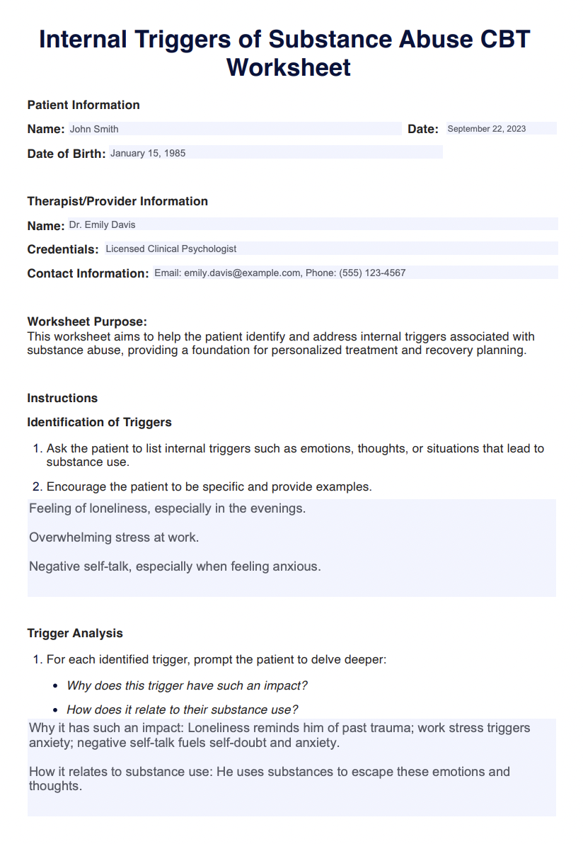 Internal Triggers of Substance Abuse CBT Worksheet Example
