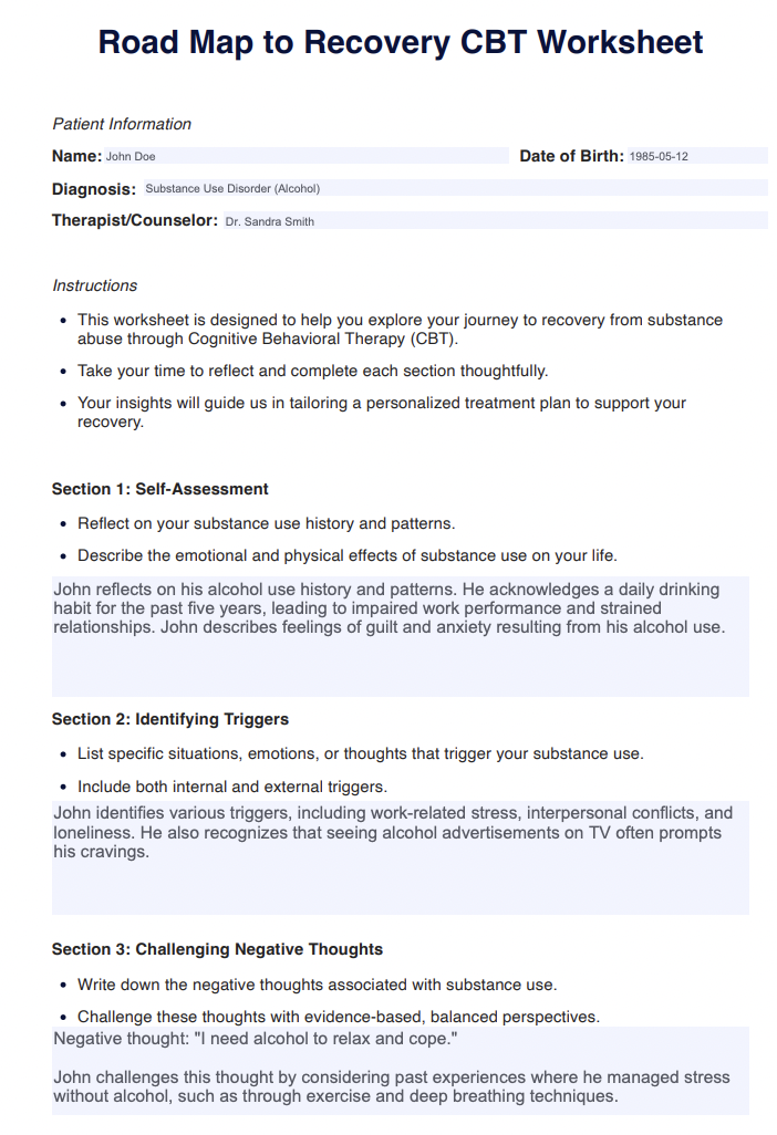 Road Map to Recovery CBT Worksheet Example