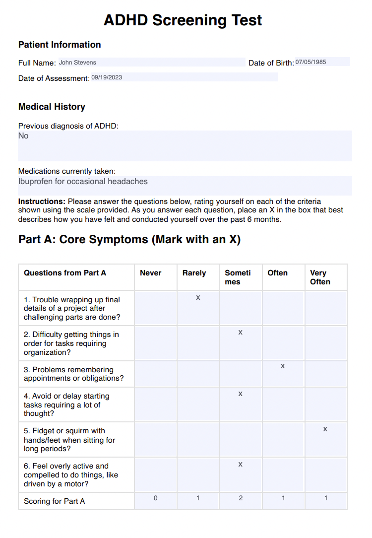 ADHD Screening Test Example (Sample)