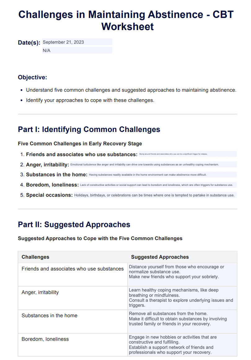 Challenges in Maintaining Abstinence CBT Worksheet Example