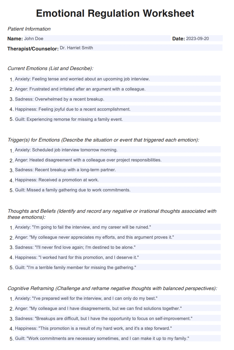 Emotional Regulation Worksheets Example (sample)