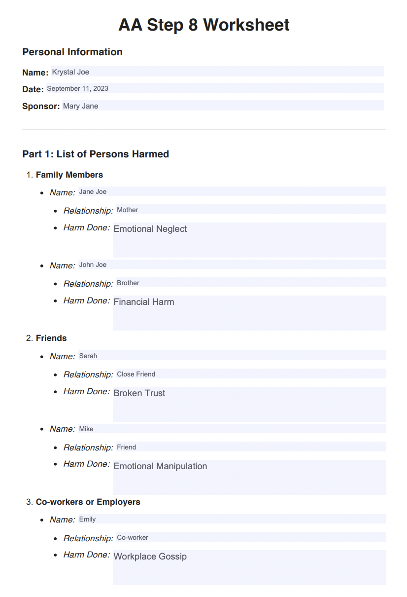 AA Step 8 Worksheets Example (sample)