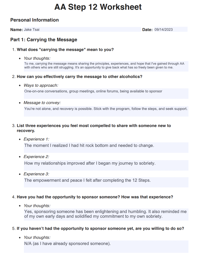AA Step 12 Worksheets Example (sample)