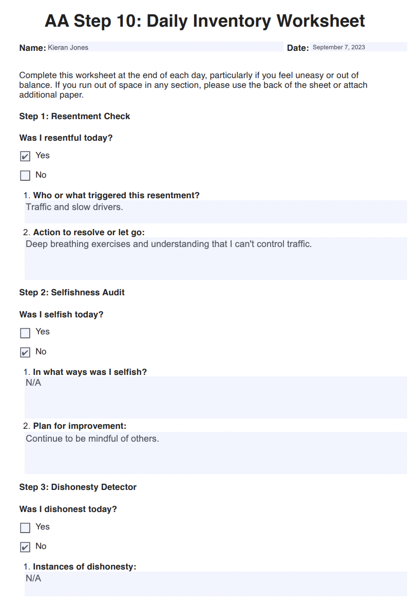 AA Step 10 Worksheets Example (sample)
