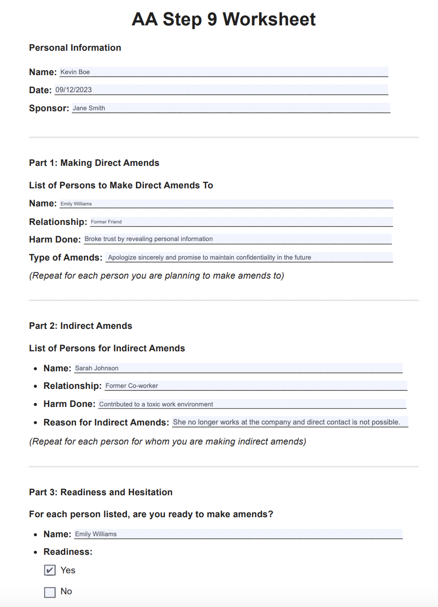 AA Step 9 Worksheets Example (sample)
