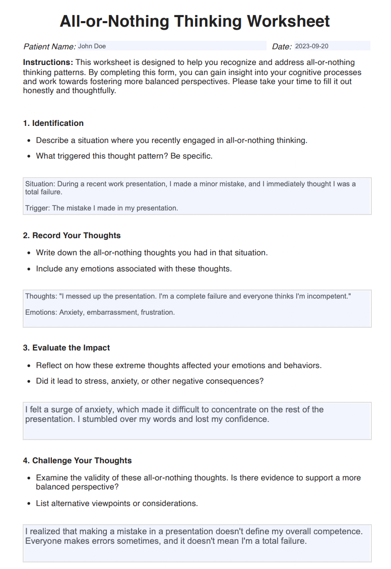 All Or Nothing Thinking Worksheets Example (sample)