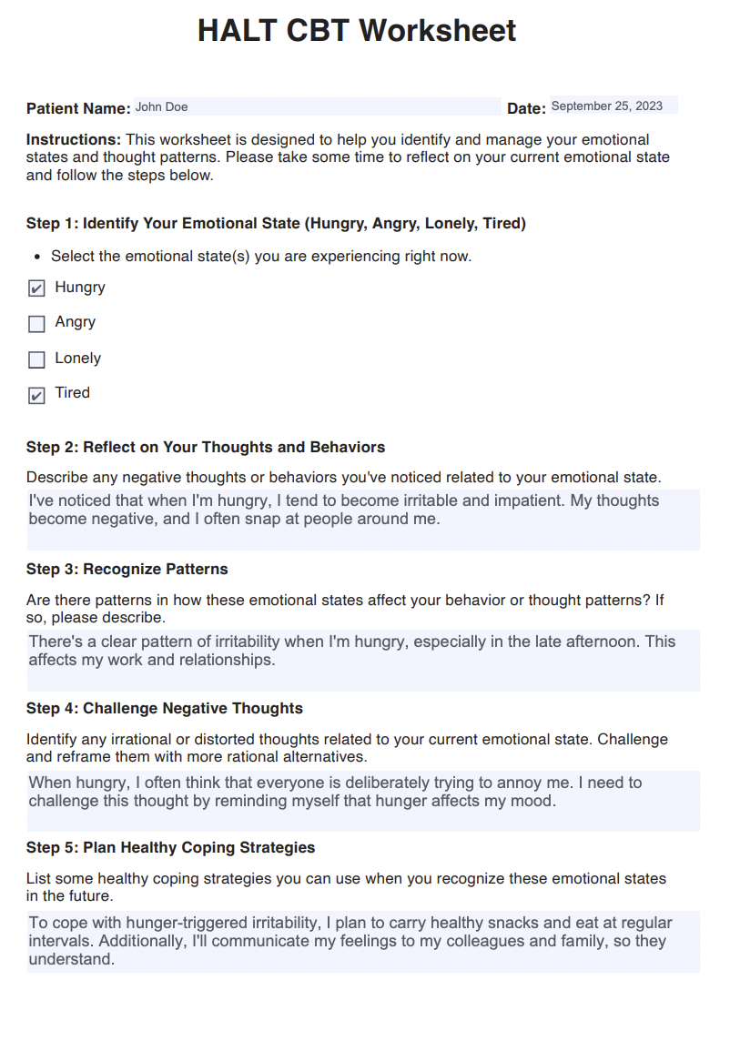 HALT CBT Worksheet Example