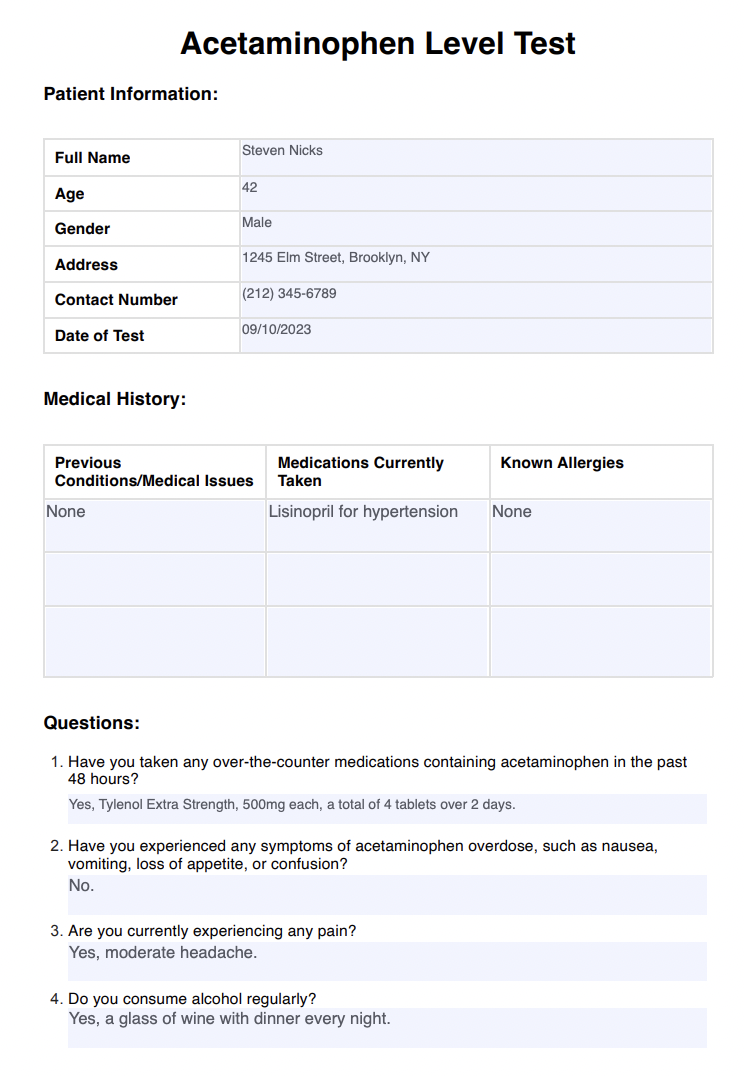 Acetaminophen Level Test Example (Sample)