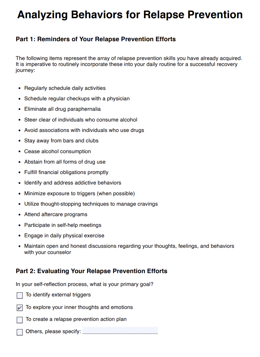 Analyzing Behaviors for Relapse Prevention CBT Worksheet Example