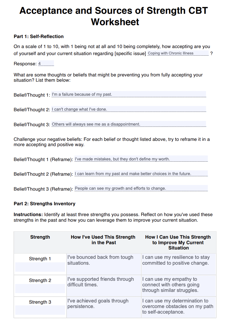 Acceptance and Sources of Strength CBT Worksheet Example