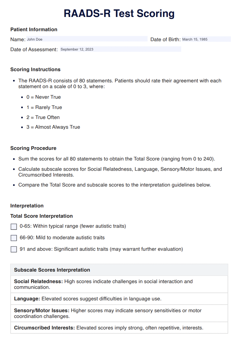 RAADS-R Test Scorings Example (sample)