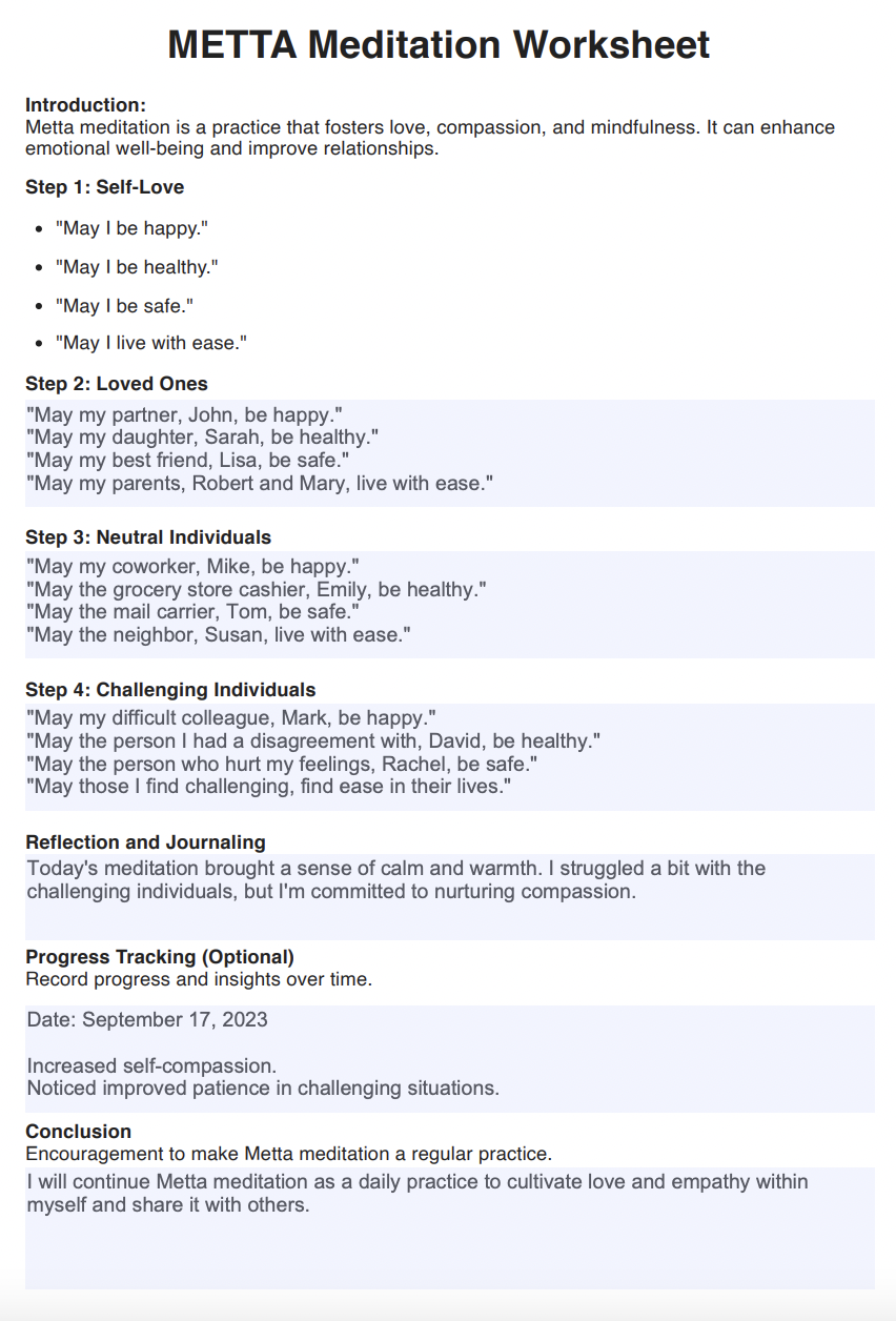 METTA Meditation Worksheets Example (sample)