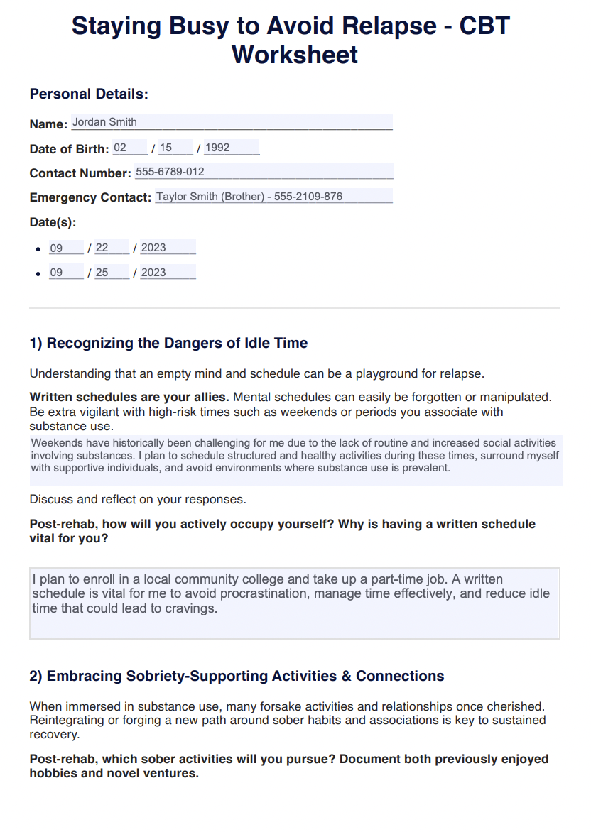 Staying Busy to Avoid Relapse CBT Worksheet Example